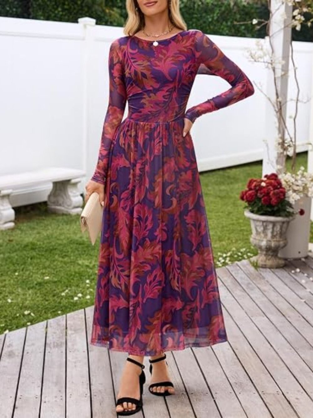 Women's Fall Wedding Guest Cocktail Long Sleeve Floral Maxi Dress